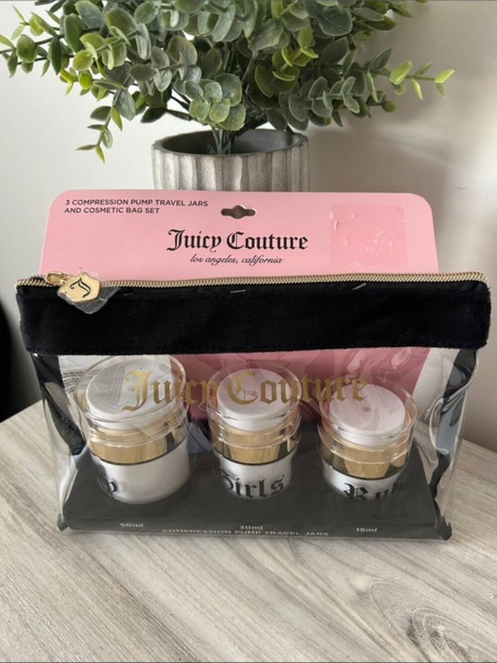 Juicy Couture 3-Piece Compression Pump Travel Jar and Cosmetic Bag Set NWT